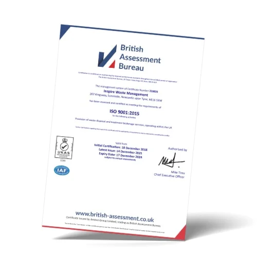 Inspire Waste Management ISO9001 Certificate 2024
