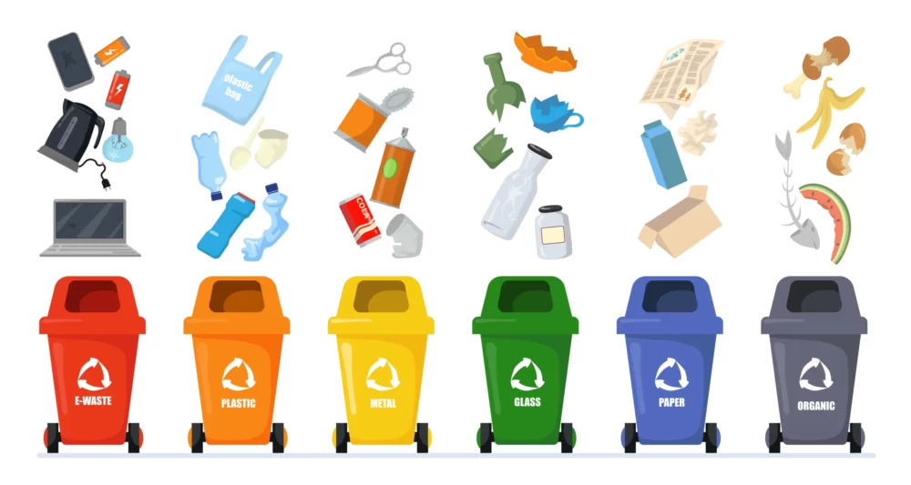 garbage sorting illustration showing e-waste, plastic, metal, glass, paper, organic waste streams
